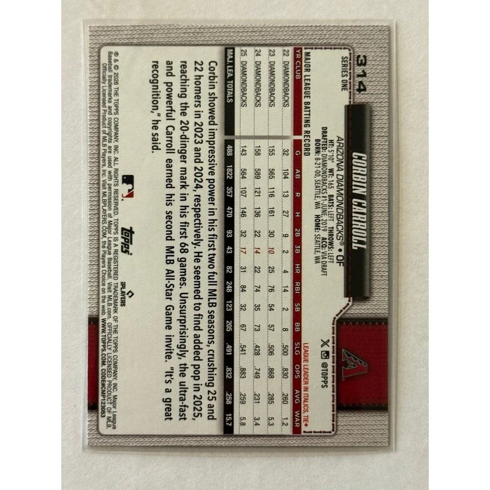 2026 Topps Series 1 Silver Crackleboard #314 Corbin Carroll Dbacks (b)